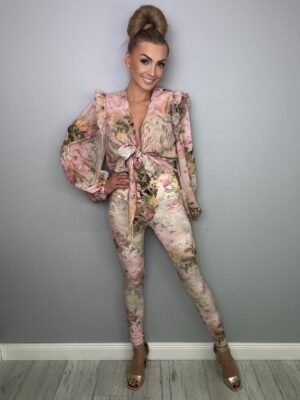 Elegancki Komplet Szyfonowy Beżowy Motyw Kwiatowy La Diva - obrazek 15