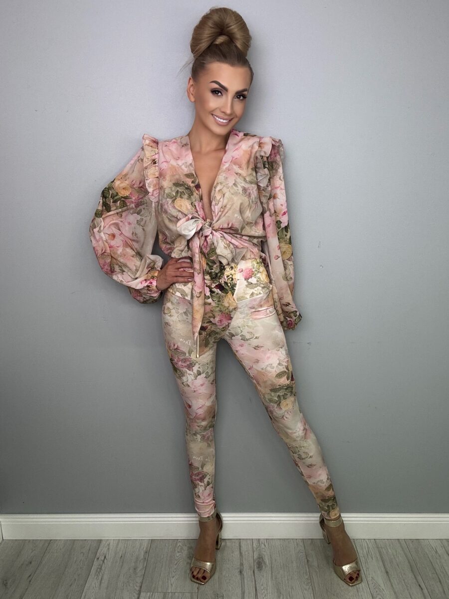 Elegancki Komplet Szyfonowy Beżowy Motyw Kwiatowy La Diva - obrazek 15