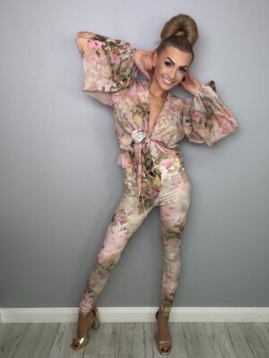 Elegancki Komplet Szyfonowy Beżowy Motyw Kwiatowy La Diva - obrazek 14