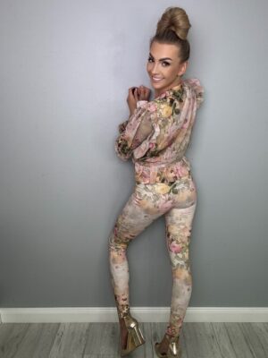 Elegancki Komplet Szyfonowy Beżowy Motyw Kwiatowy La Diva - obrazek 18