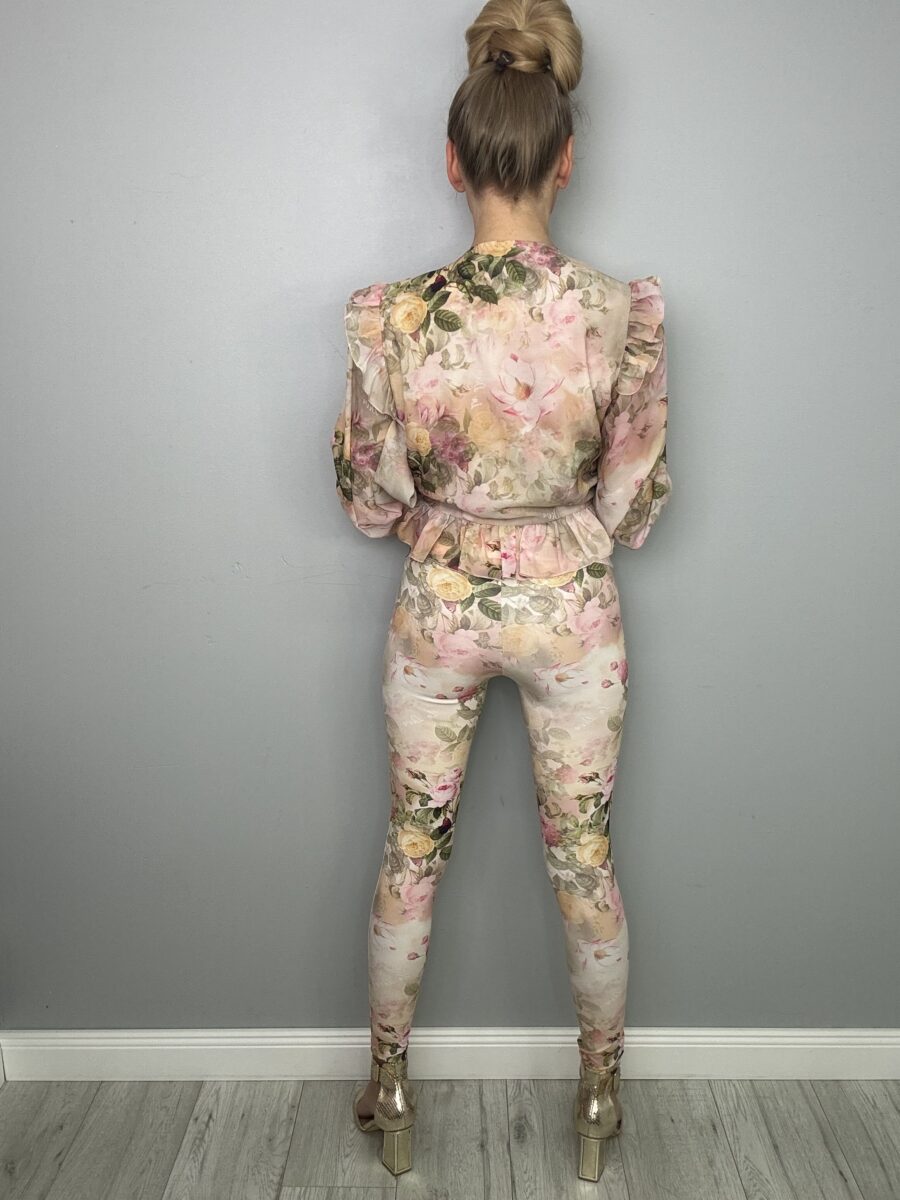 Elegancki Komplet Szyfonowy Beżowy Motyw Kwiatowy La Diva - obrazek 17