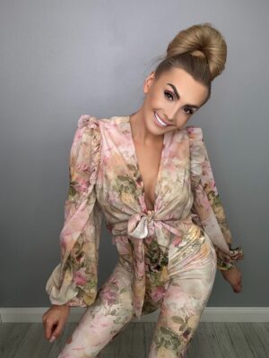 Elegancki Komplet Szyfonowy Beżowy Motyw Kwiatowy La Diva - obrazek 13