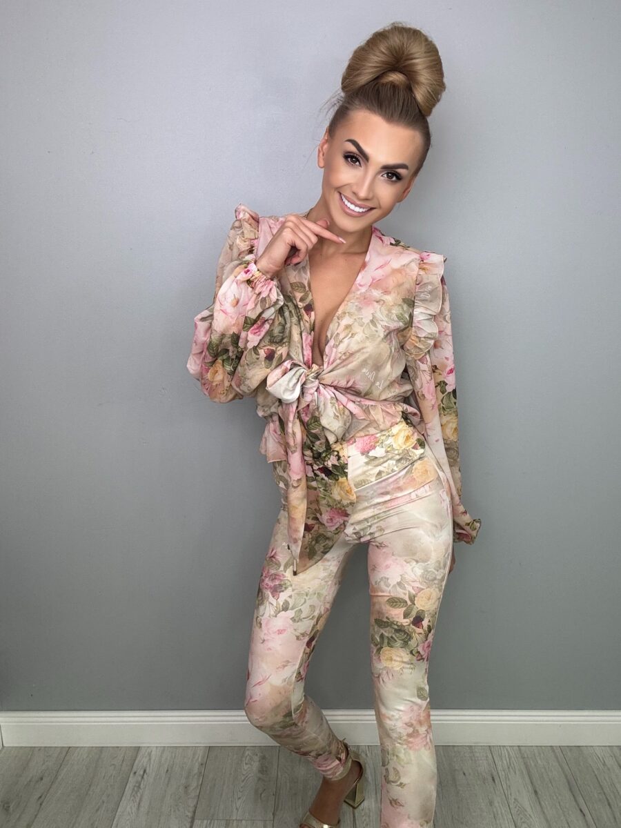 Elegancki Komplet Szyfonowy Beżowy Motyw Kwiatowy La Diva - obrazek 12