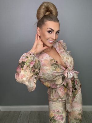 Elegancki Komplet Szyfonowy Beżowy Motyw Kwiatowy La Diva - obrazek 16