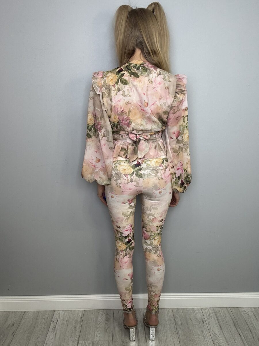 Elegancki Komplet Szyfonowy Beżowy Motyw Kwiatowy La Diva - obrazek 11