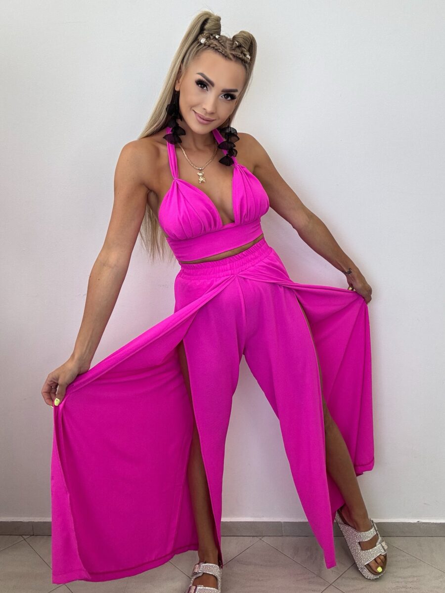 Komplet 2-częściowy – staniczek + spodnie z rozcięciem Neon Róż - obrazek 2