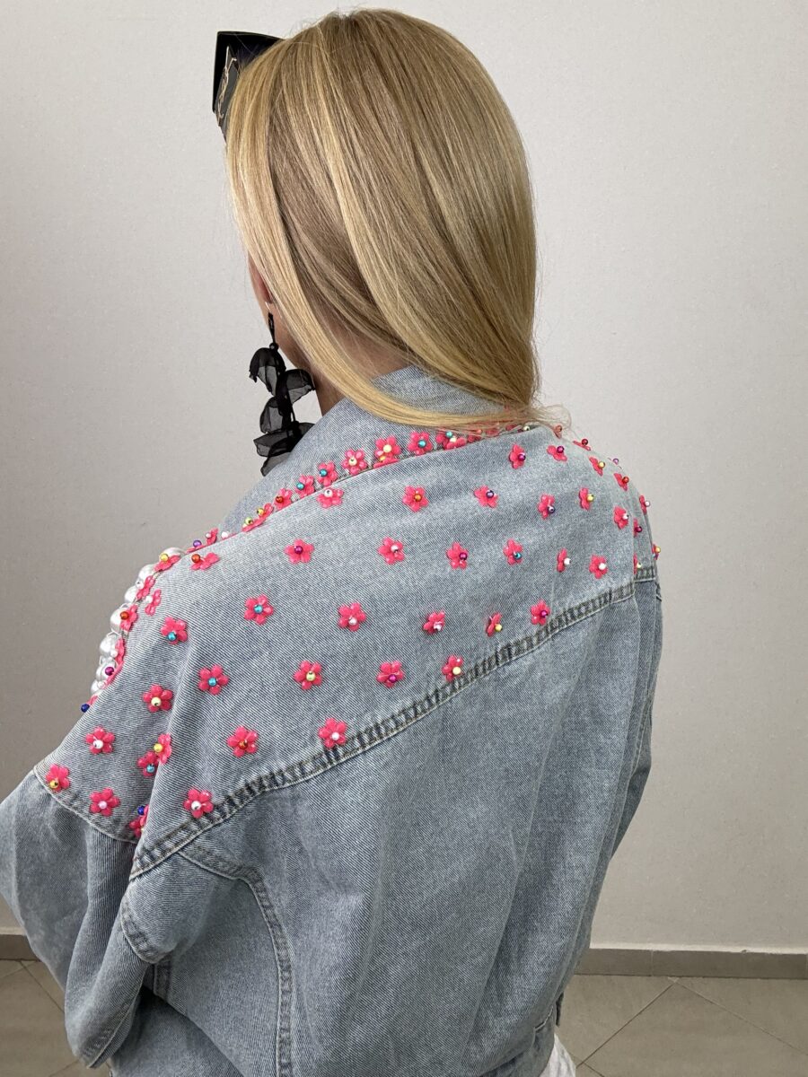Jeansowa Katana „Glam Flower” – unikat z perłami i kryształami - obrazek 10