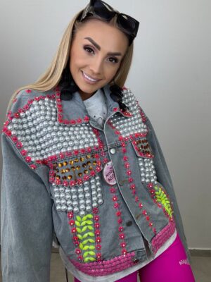 Jeansowa Katana „Glam Flower” – unikat z perłami i kryształami - obrazek 2