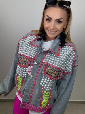 Jeansowa Katana „Glam Flower” – unikat z perłami i kryształami - obrazek 3