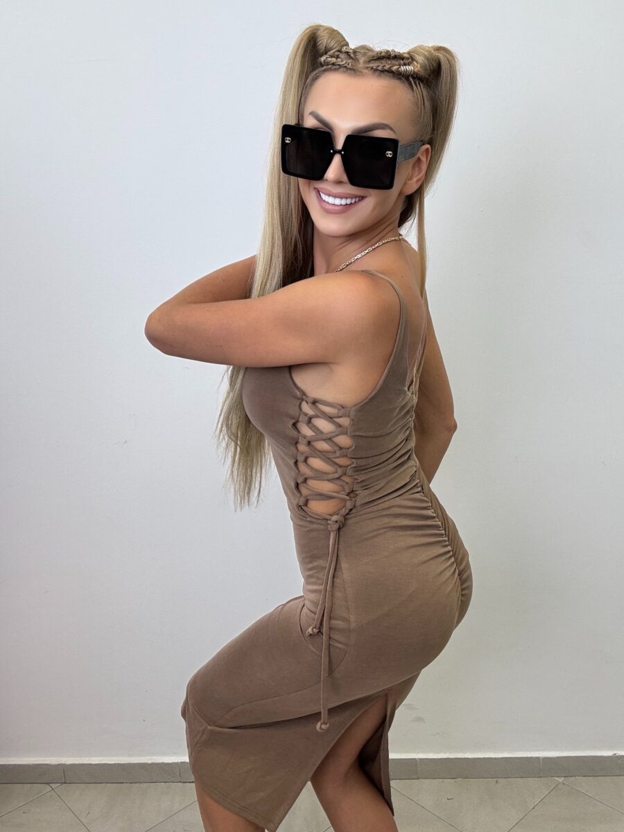 Sukienka midi z wiązaniem beż KS by … - obrazek 4