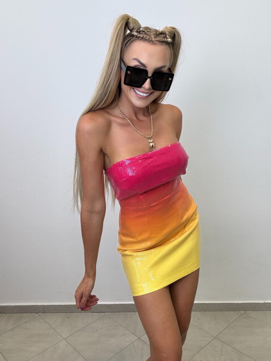 img_1773 Sukienka Mini “Tropikalny Zachód” – Różowo-Pomarańczowo-Żółta - obrazek 1